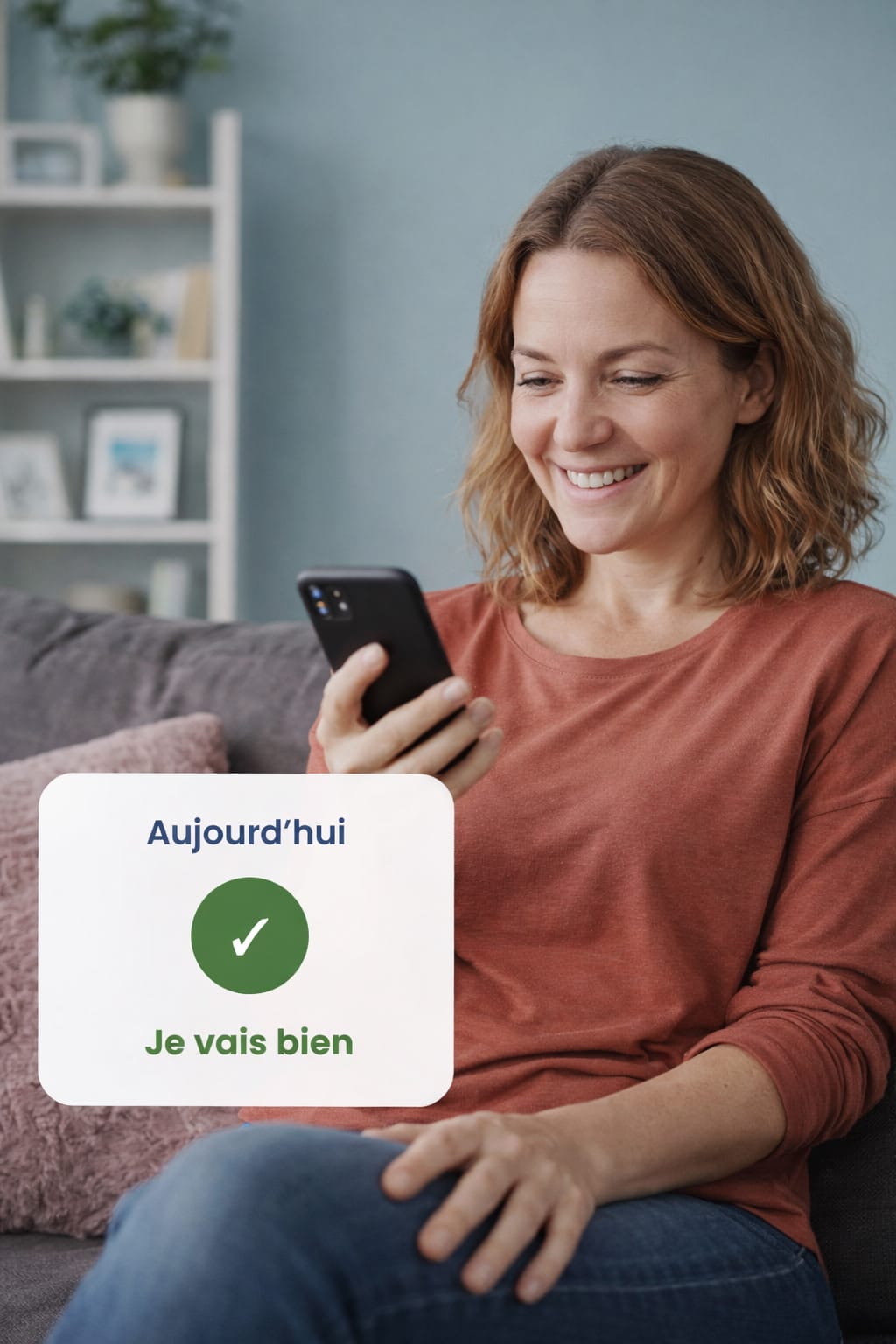 Une membre sourit en validant sa prise de nouvelles depuis son canapé