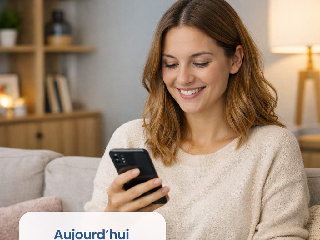 Une membre souriante valide sa prise de nouvelles « Je vais bien » sur son téléphone, depuis son canapé