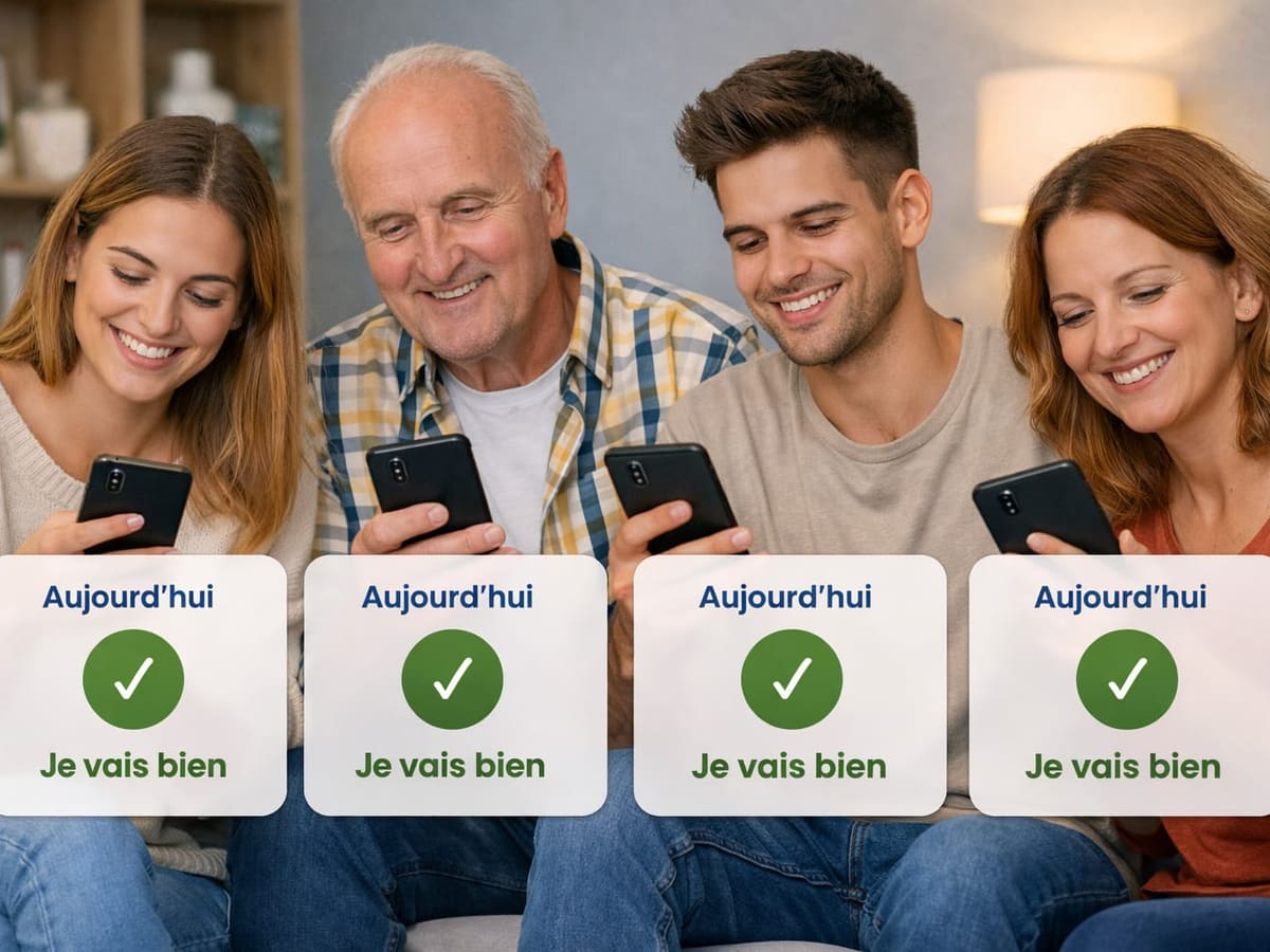 Quatre membres de générations différentes valident leur prise de nouvelles « Je vais bien » sur leur téléphone